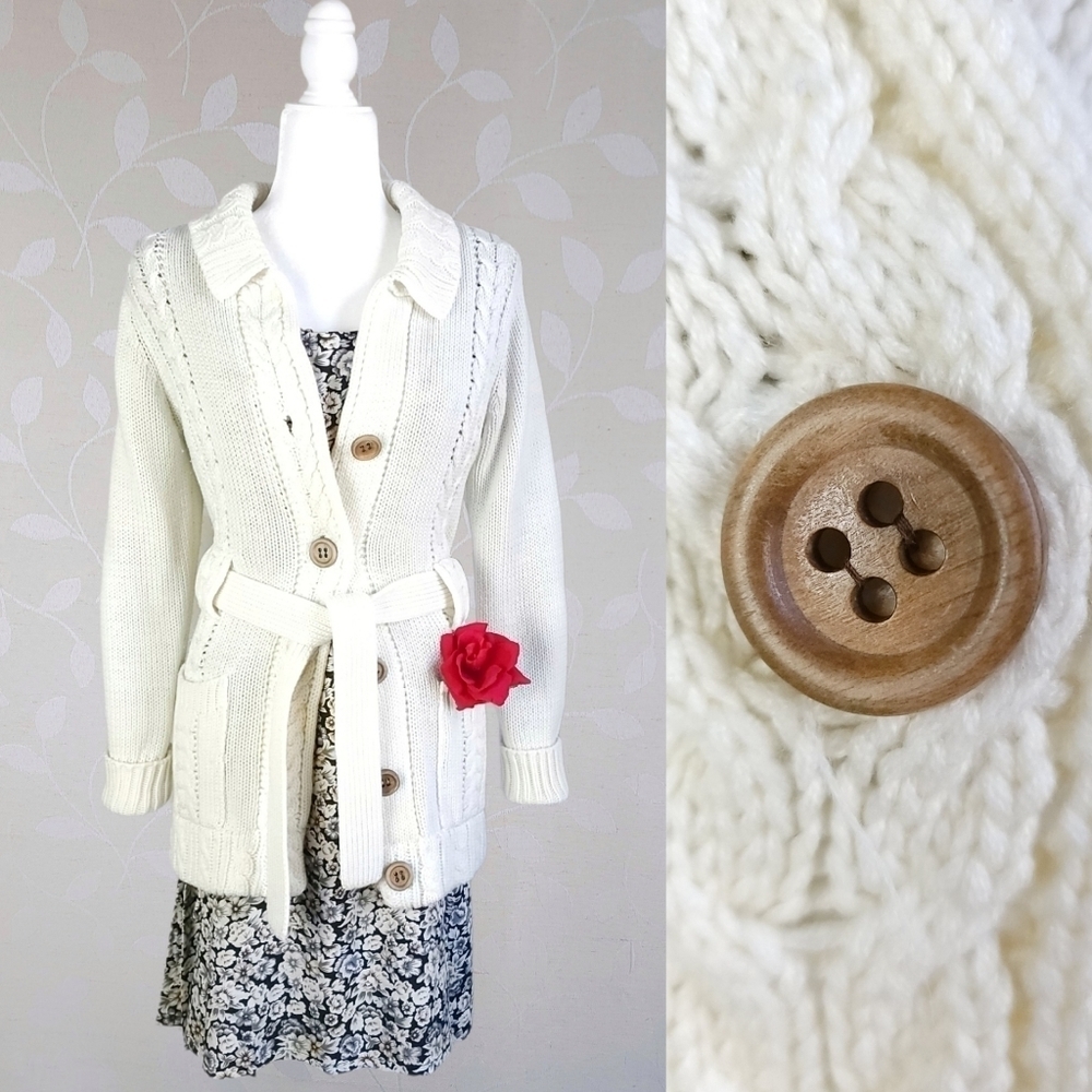 Vintage Cable Knit Belted Collared Button Front Long Cardigan Dayne Taylor Cream